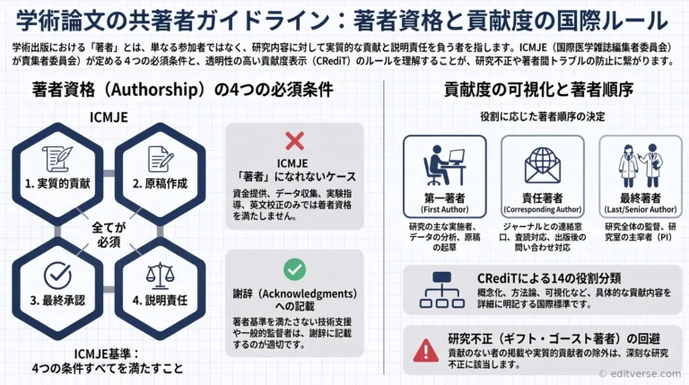 ICMJE基準とCRediTタクソノミーに基づく共著者の資格要件と著者順序を示すインフォグラフィック