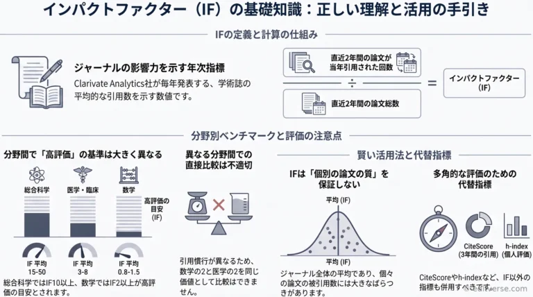 インパクトファクターの定義と計算方法、分野別ベンチマークを解説するインフォグラフィック