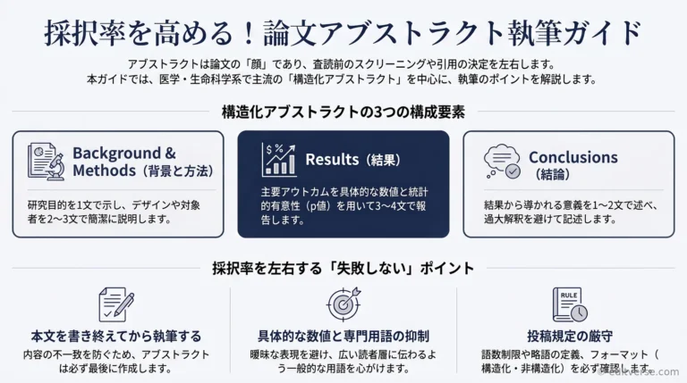 論文アブストラクトの書き方を解説するインフォグラフィック。構造化アブストラクトの3つの構成要素と採択率を高めるポイントをまとめた図解。
