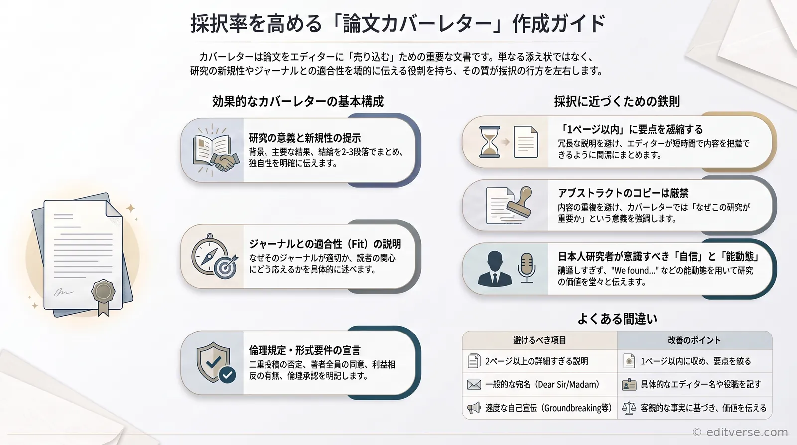 論文カバーレターの書き方を解説するインフォグラフィック。採択率を上げるテンプレートと構成のポイントをまとめた図解。