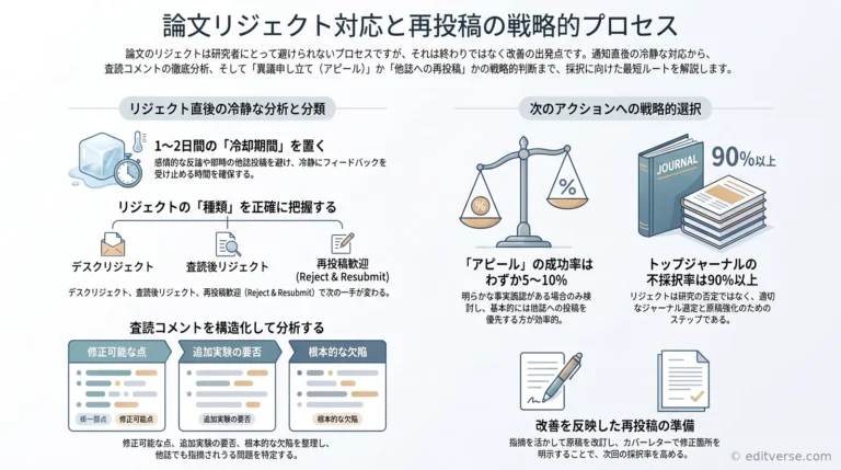 論文が不採択になった際の再投稿・アピール・ジャーナル変更の対応フローを示すインフォグラフィック