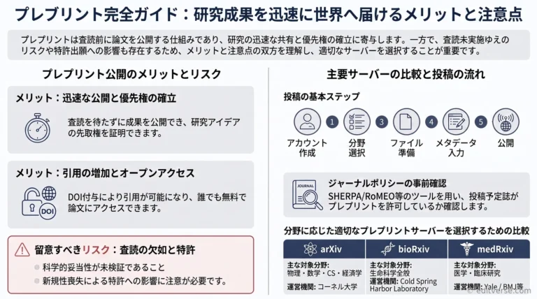arXiv・bioRxiv・medRxivを使ったプレプリント公開の流れを示すインフォグラフィック