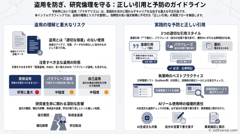 研究倫理と盗用（プラギアリズム）を防ぐ方法を示すインフォグラフィック