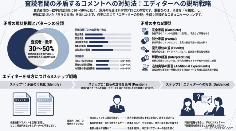 査読者間で矛盾するコメントへの対処法を示すインフォグラフィック：矛盾の分類とエディターへの説明3ステップ