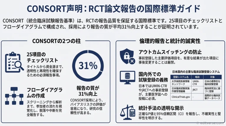 CONSORT声明に基づくランダム化比較試験(RCT)の正しい報告方法を示すインフォグラフィック