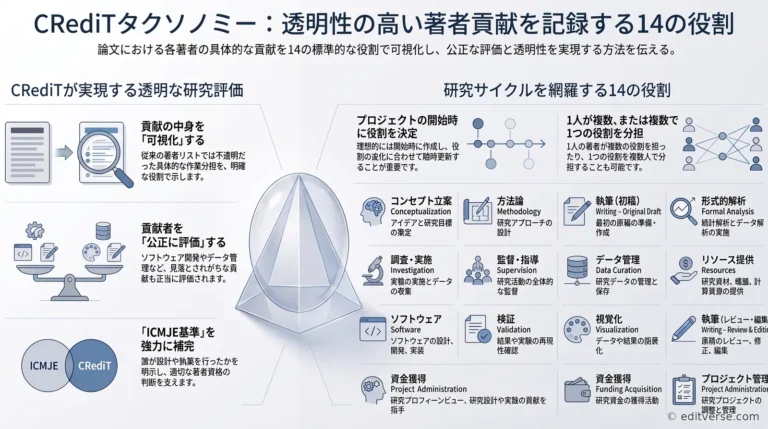 CRediTタクソノミーによる論文著者の14の貢献役割を解説する図
