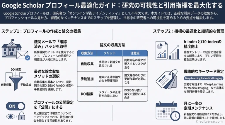 Google Scholarプロフィールの作成方法と被引用数・h-index管理を示すインフォグラフィック