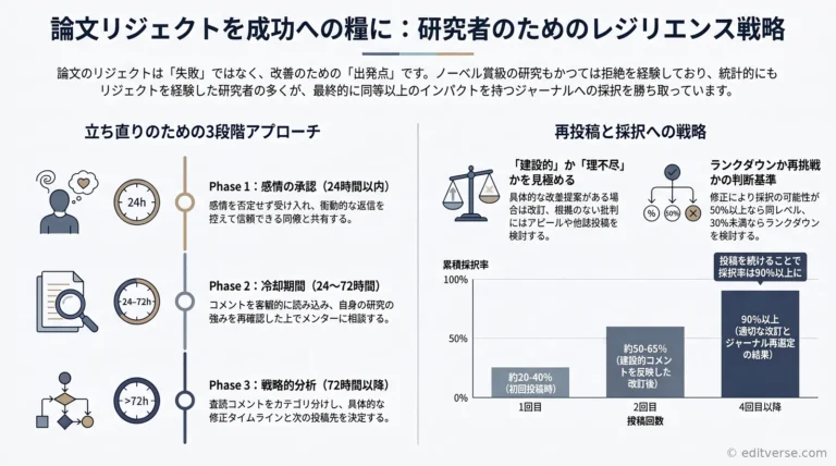 論文リジェクト後に研究者が実践すべきレジリエンス戦略を示すインフォグラフィック