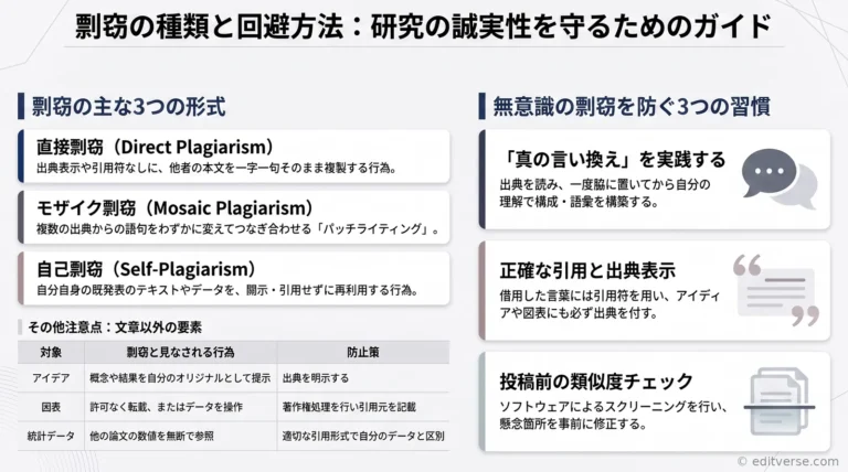 直接剽窃・モザイク剽窃・自己剽窃の種類と回避方法を示す日本語インフォグラフィック