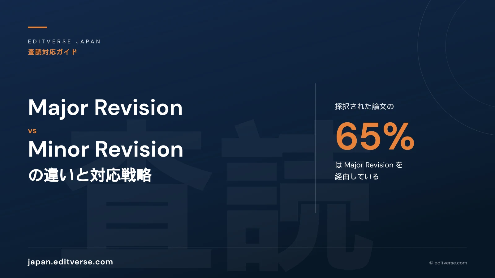 Major RevisionとMinor Revisionの違いと対応戦略のカバー画像。採択された論文の65%はMajor Revisionを経由している