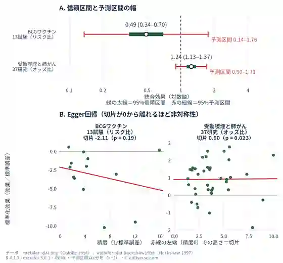 BCG試験13件と観察研究37件のメタアナリシスについて、上段は統合効果（BCG 0.49、観察研究 1.24）の95%信頼区間と95%予測区間（BCG 0.14～1.76、観察研究 0.90～1.71）、下段はEgger回帰（切片 BCG −2.11、P = 0.19、観察研究 0.90、P = 0.023）を示した図。